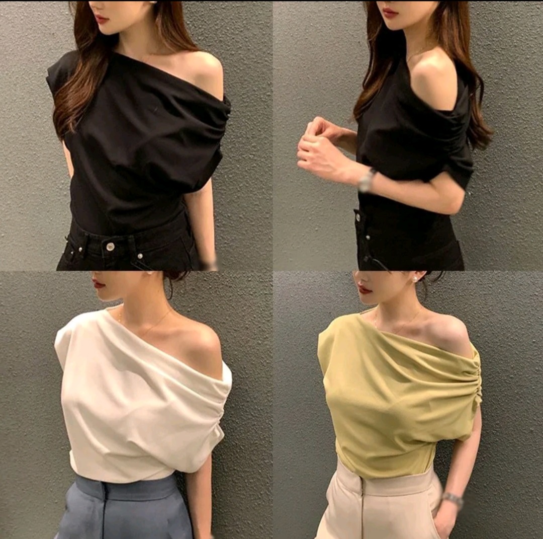 [DS] [ARRA] [99-150-0] SUMMER NEW STYLE SLANT SHOULDER DESIGN LOOSE SOLID COLOR HIGH COST PERFORMANCE WOMEN'S TRENDY