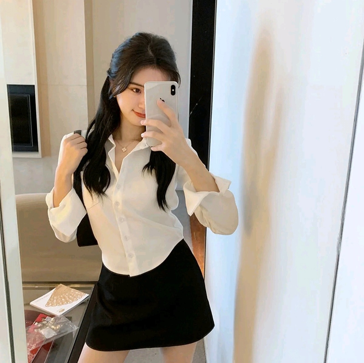 [DS][IZZA][167-150-0] PLAIN CASUAL LONG SLEEVES BLOUSES FOR WOMEN POLO CORSET TOP CROP TOPS LADY WOMENSWEAR COMFORT COLLAR