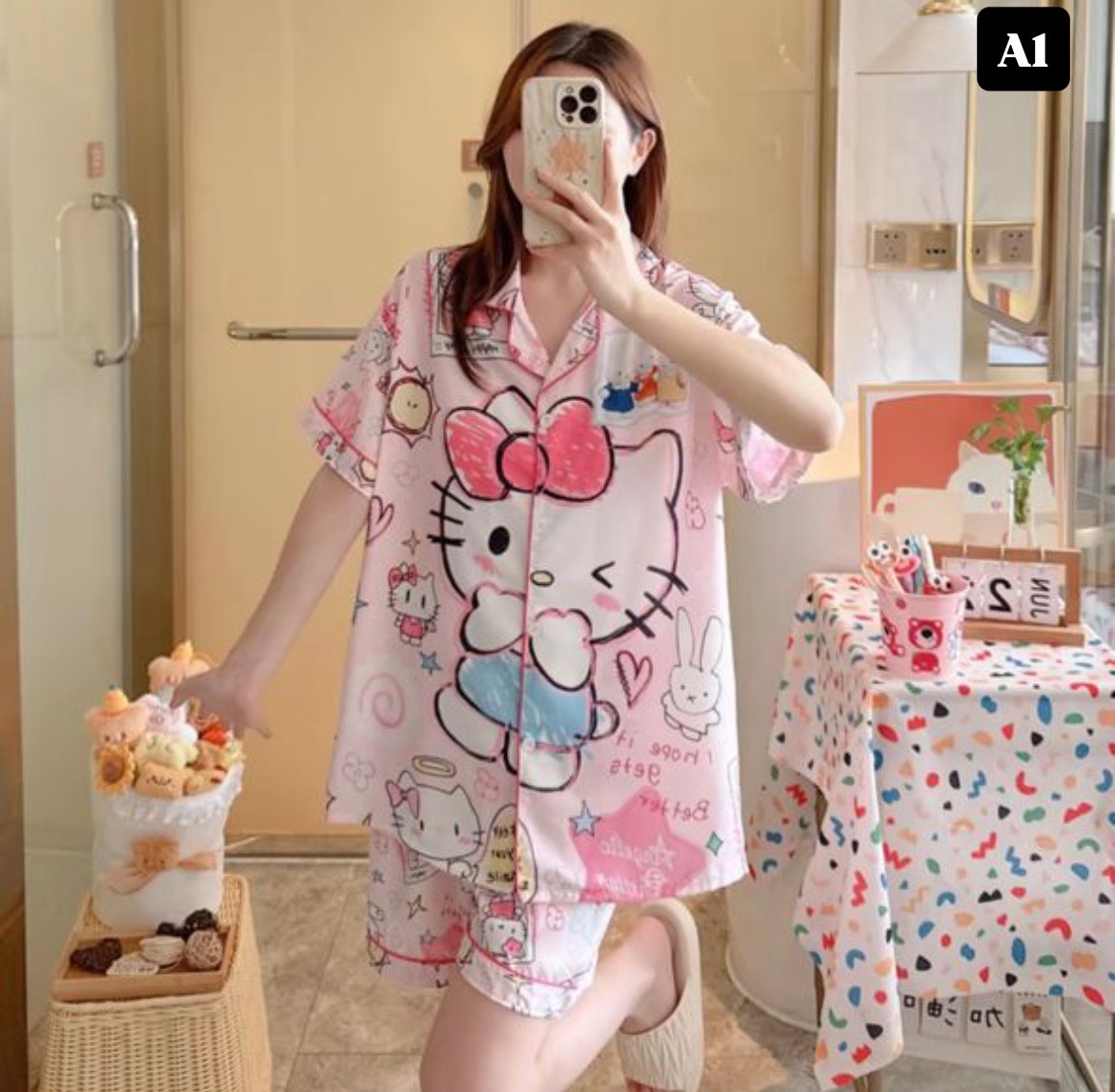 [BKK][PEG][141-250-0]TopChoice Short-sleeve and short silk pajamas set free size chest 44 inches SS