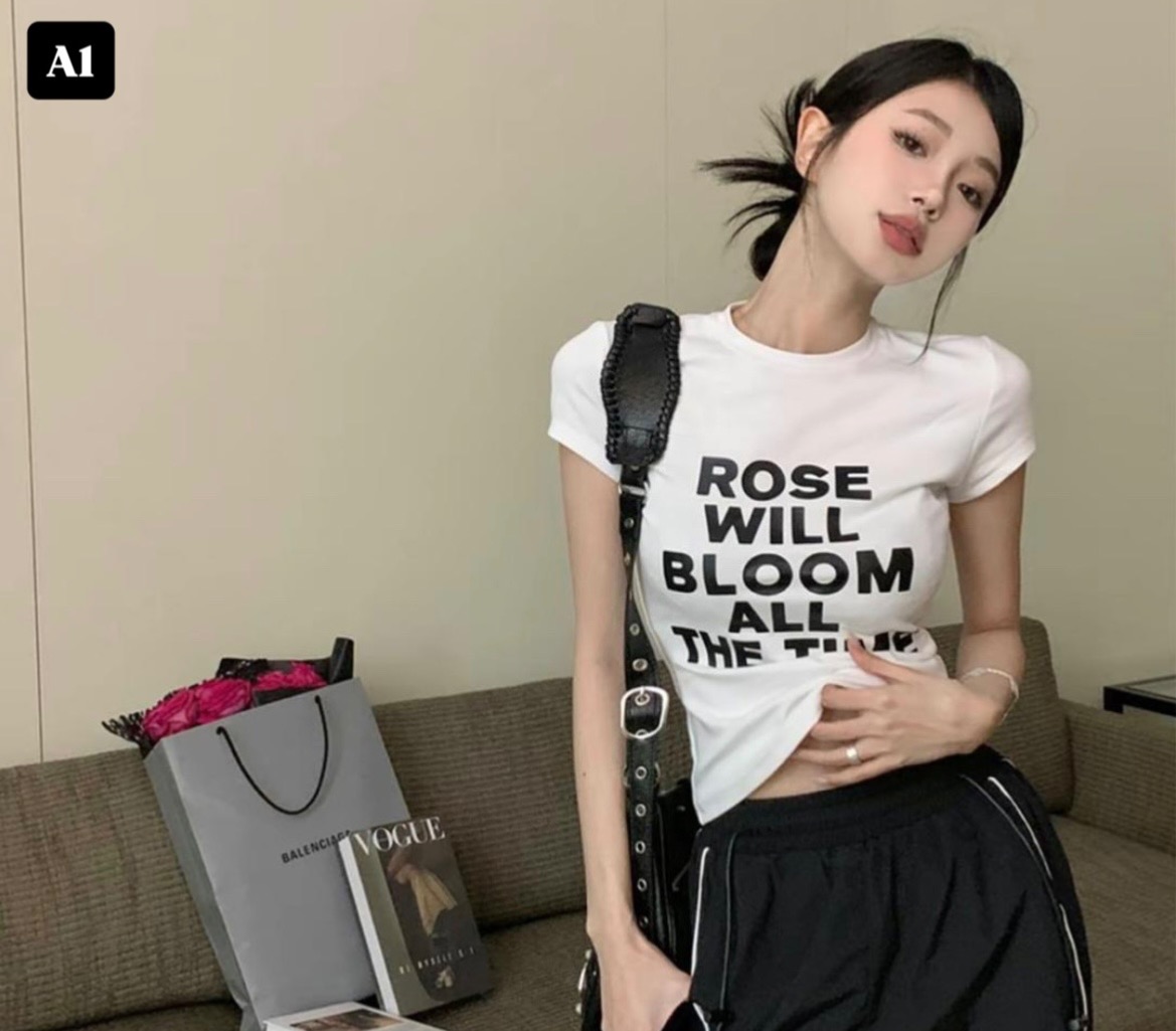 [BKK][PEG][47-150-0]Short sleeve slim-fit ribbed round neck printed T-shirt with lettering pattern