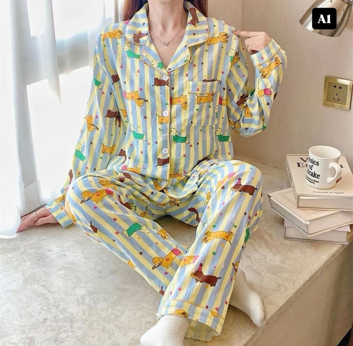 [BKK][PEG][157-250-0]Women's pajamas, long sleeves + long pants, cute cartoon cloud cotton, pretty, built-in bra pads, Japanese silk fabric, lightweight fabric.