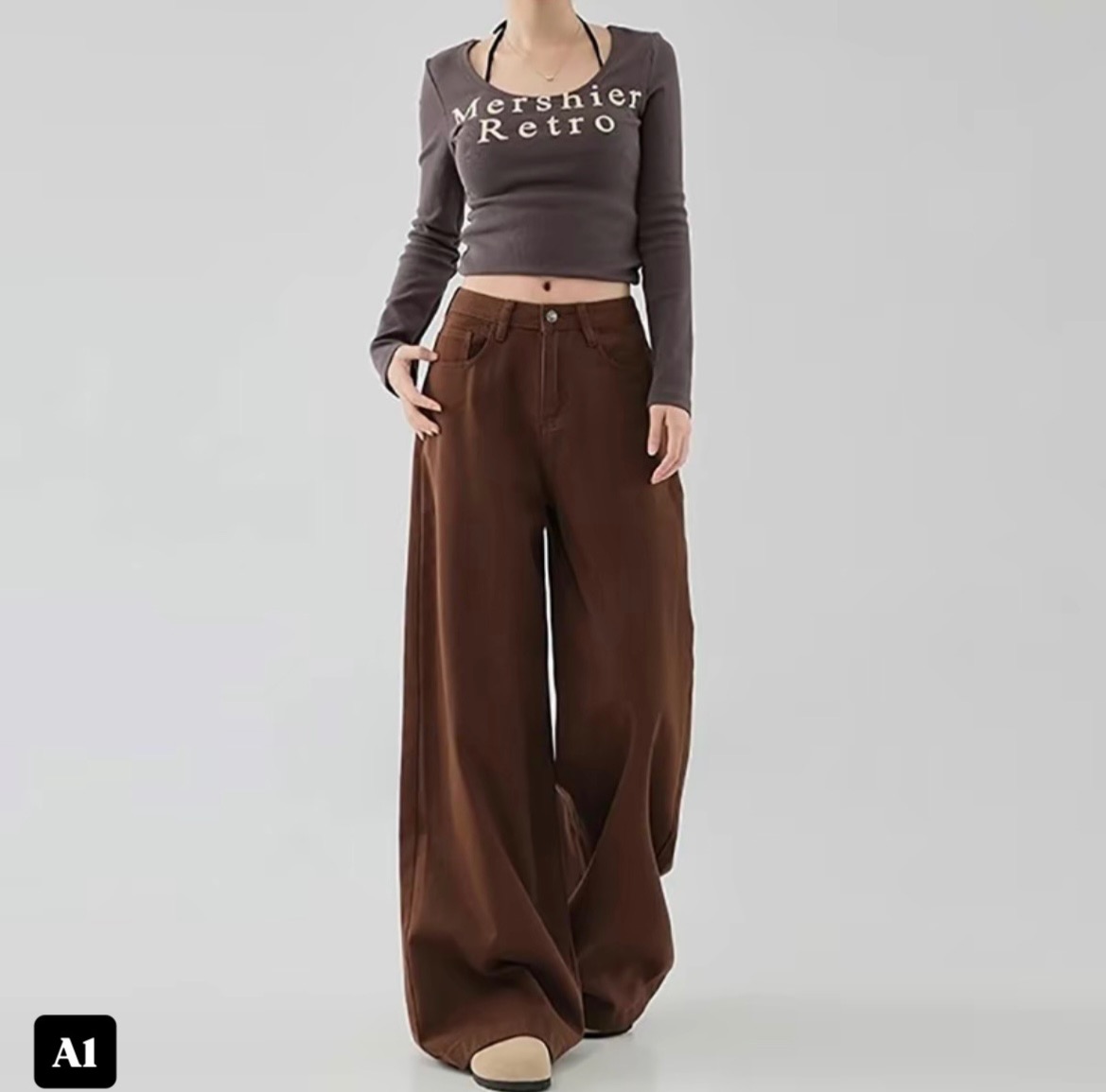 [BKK][PEG][255-350-0]Women's wide-leg brown jeans – new, high-waisted, loose fit, and versatile