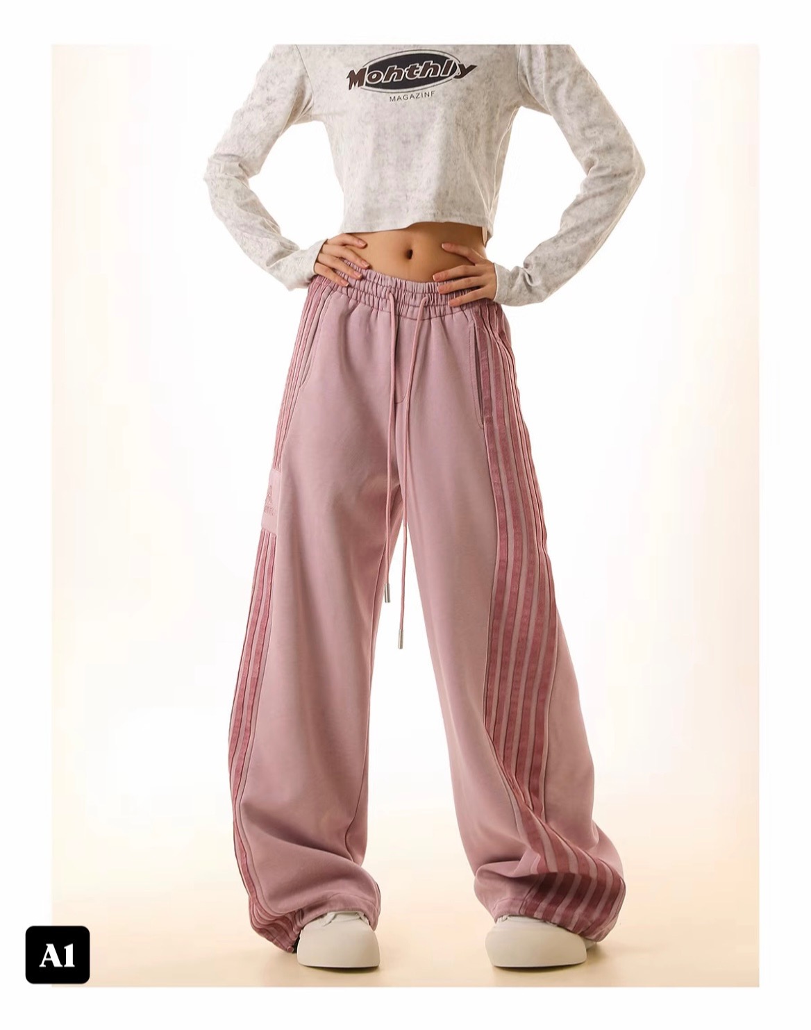[BKK][PEG][266-230-0]Women's Jogger Pants, Pink Stripe Pattern, Thick Fabric, Comfortable to Wear, Size S-4XL, Loose Fabric, Women's Clothing,