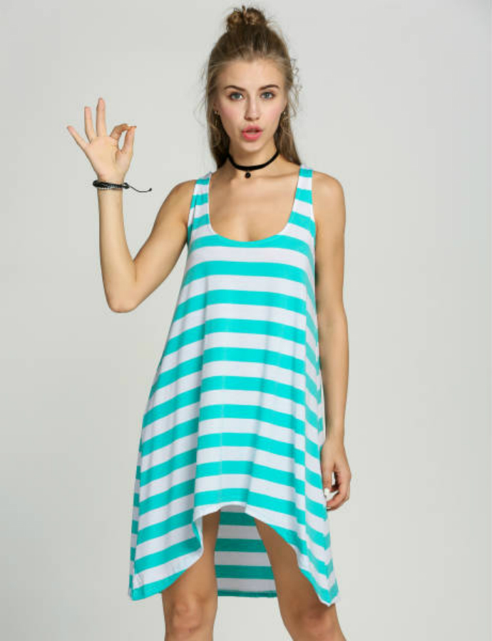 Womens Girl Casual Stripe Irregular Beach Dress Sleeveless Sundress