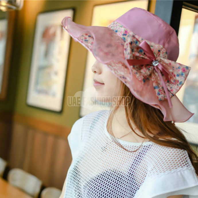 Hot Women Packable Floral Flower Large Beach Sun-shade Sunscreen Cap Bow Decor Beach Hat 
