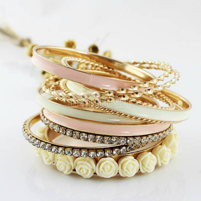  11 Pcs Jewelry Flowers Rhinestone Charm Multilayer Bracelet Golden 