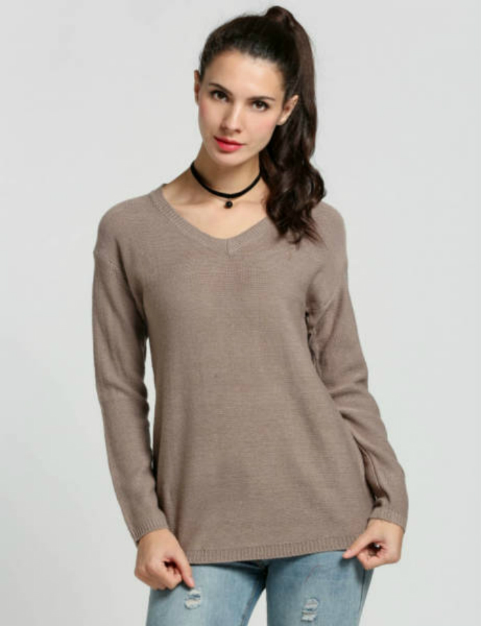  New Women Fashion Long Sleeve V-Neck Casual Knit Loose Vintage Style Pullover Sweater