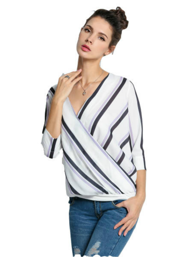 Fashion Women Crossover Deep V-Neck 3/4 Sleeve Striped Blouse Tops 