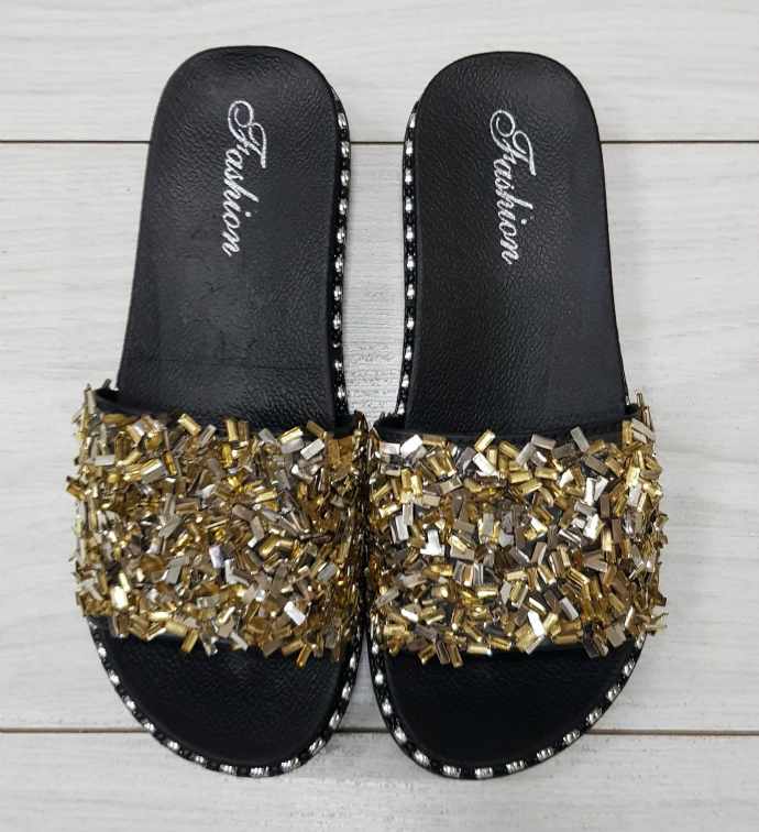 FASHION Ladies Slippers (BLACK - GOLD) (MD) (36 to 40)