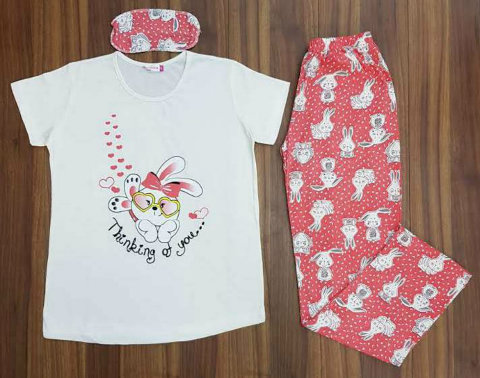 CLM HOMEWEAR  Ladies Turkey 3 Pcs Pyjama Set (WHITE - PINK) (S - M - L - XL) 