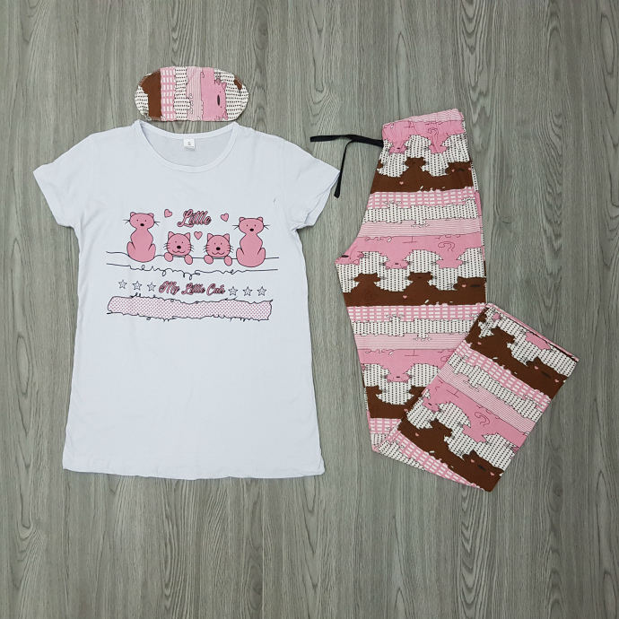 LCN PIJAMA Ladies Turkey 3 Pcs Pyjama Set (WHITE - PINK) (S - M - L - XL)