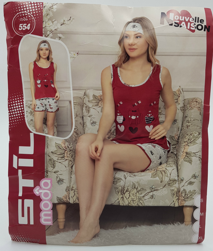 STIL MODA Ladies Turkey 3Pcs  Top and Short Set (GRAY-CRIMSON)(S-M-L-XL)