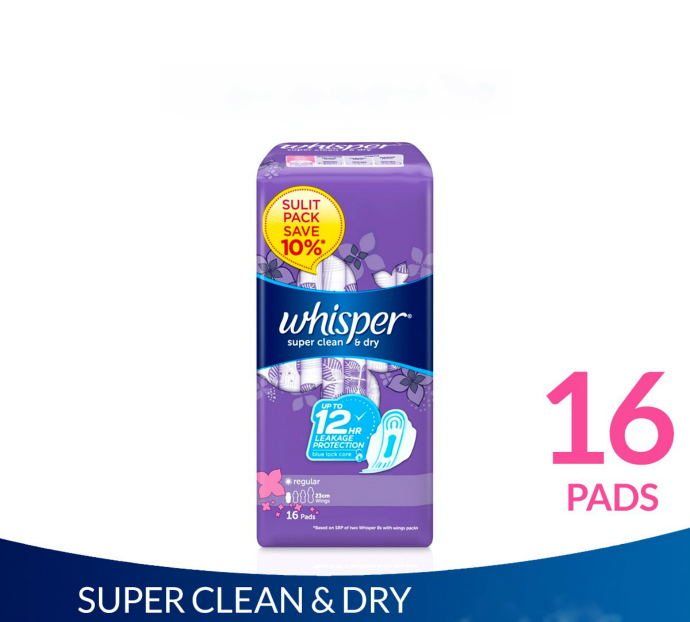 Whisper Super Whisper Super Clean & Dry Sanitary Napkin with Wings (16 pads) (mos)(CARGO)