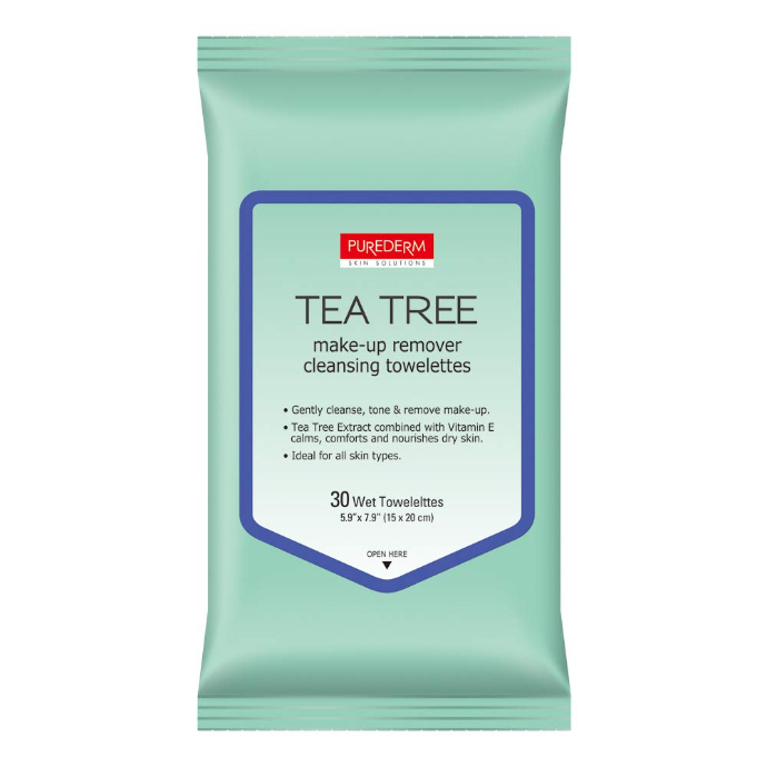 PUREDERM Tea Tree Make-Up Remover Cleansing Towelettes 1 Pack/30 Wipe (Exp: 09.2023) (MOS)s