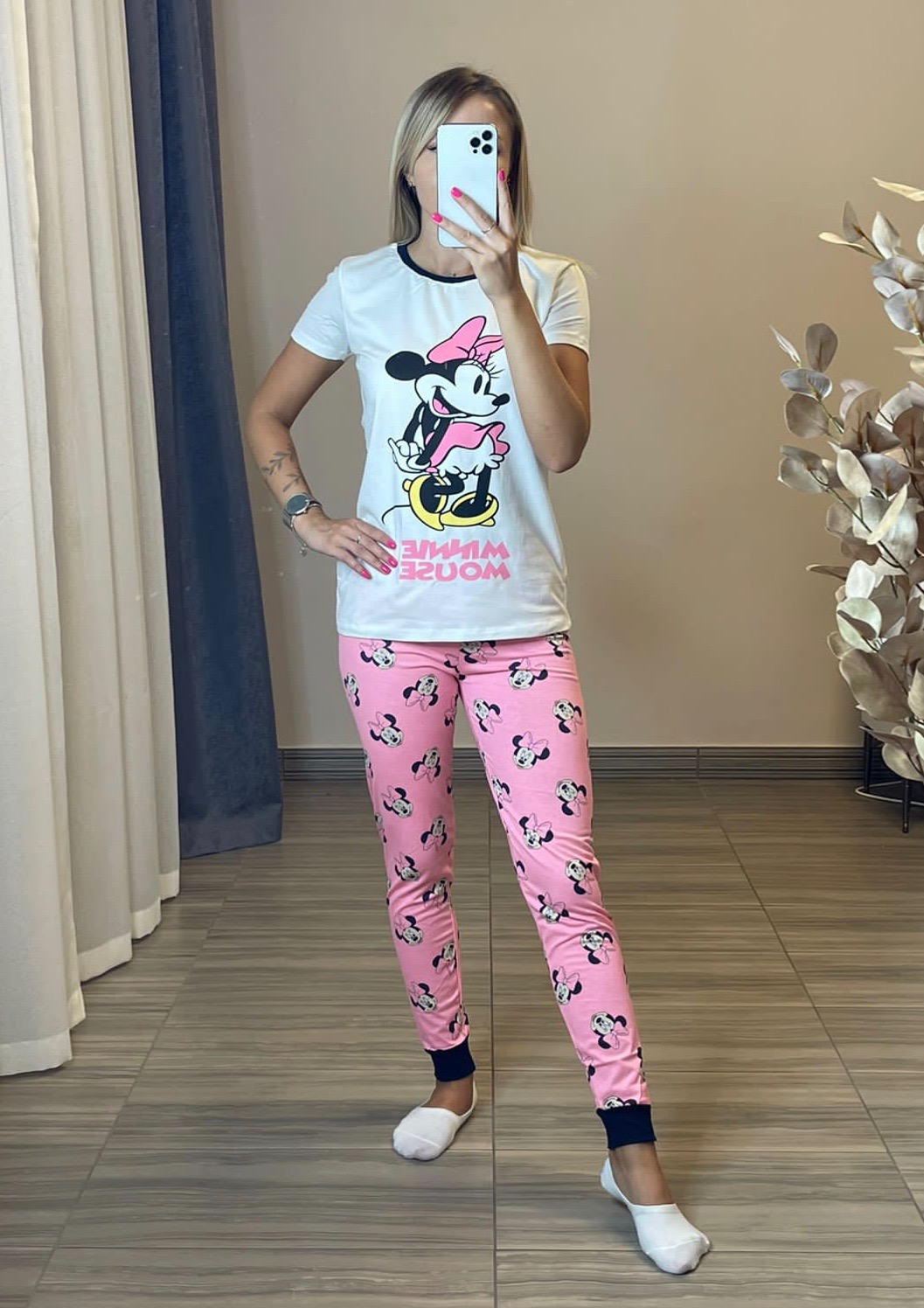 DISNEY Ladies 2Pcs Pyjama Set (WHITE - PINK) (S - M - L - XL)