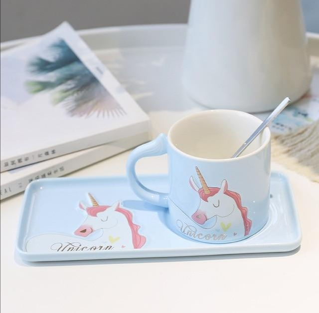 3pcs Nordic creative Unicorn Coffee Cup saucer Mug with Spoon lovely ceramic Drinking Tea Milk CUP Capacity 240 ML (BLUE) (GM)