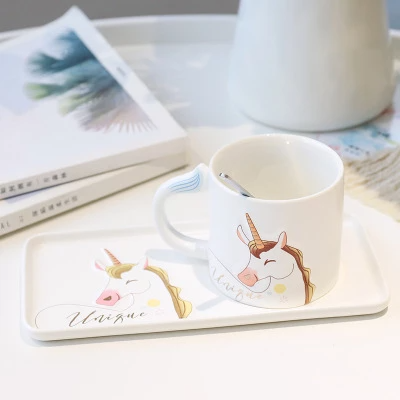 3pcs Nordic creative Unicorn Coffee Cup saucer Mug with Spoon lovely ceramic Drinking Tea Milk CUP Capacity 240 ML (WHITE) (GM)