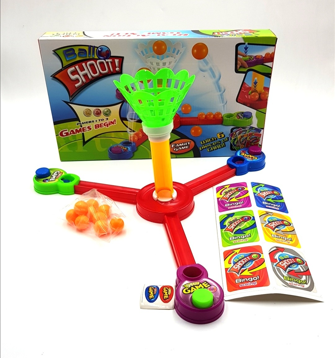 Ball Shoot is a game set for 1 - 3 players aged 5 and up! Concentrate, aim and shoot! Who will get more baskets and wins? A game set for the entire family, each Ball Shoot set comes with 6 challenge cards!