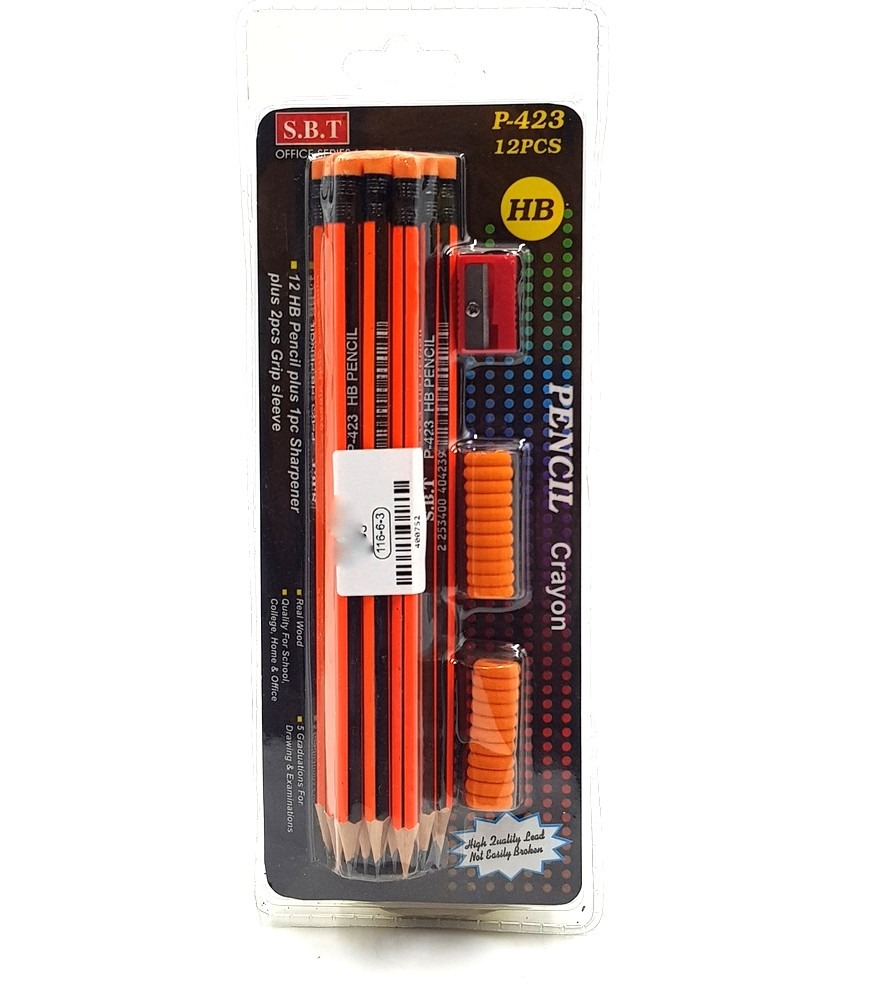 12 pcs pack HB Pencil Plus whit 1pc Sharpener Plus and  2pcs Grip Sleeve