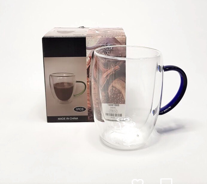 1 Pcs Coffee Mugs, Clear Glass Double Wall Cup with color handle for Coffee, Tea, Latte, Cappuccino