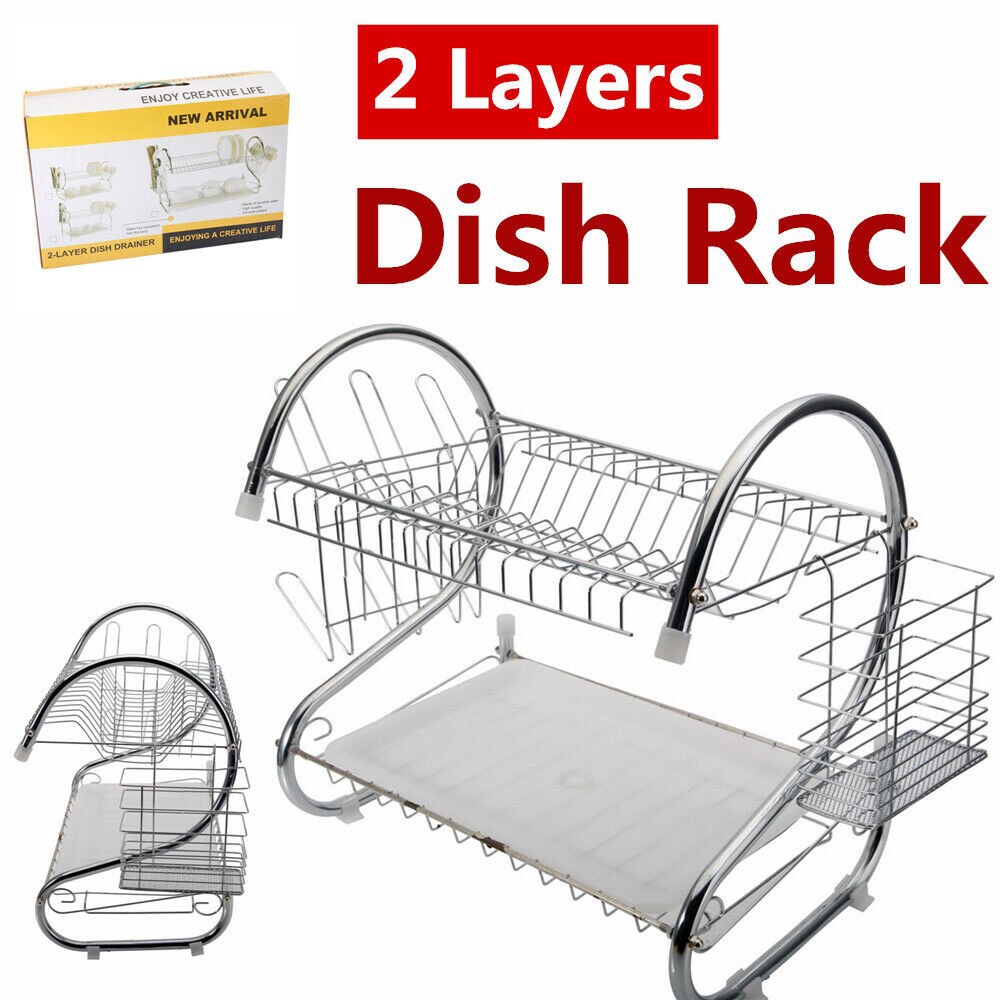 2 Layer Stainless Dish Drainer Rack Atck Dish Drying Rack, 2 Tier Dish Rack with Utensil Holder, Cup Holder and Dish Drainer for Kitchen Counter Top, Plated Chrome Dish Dryer Silver