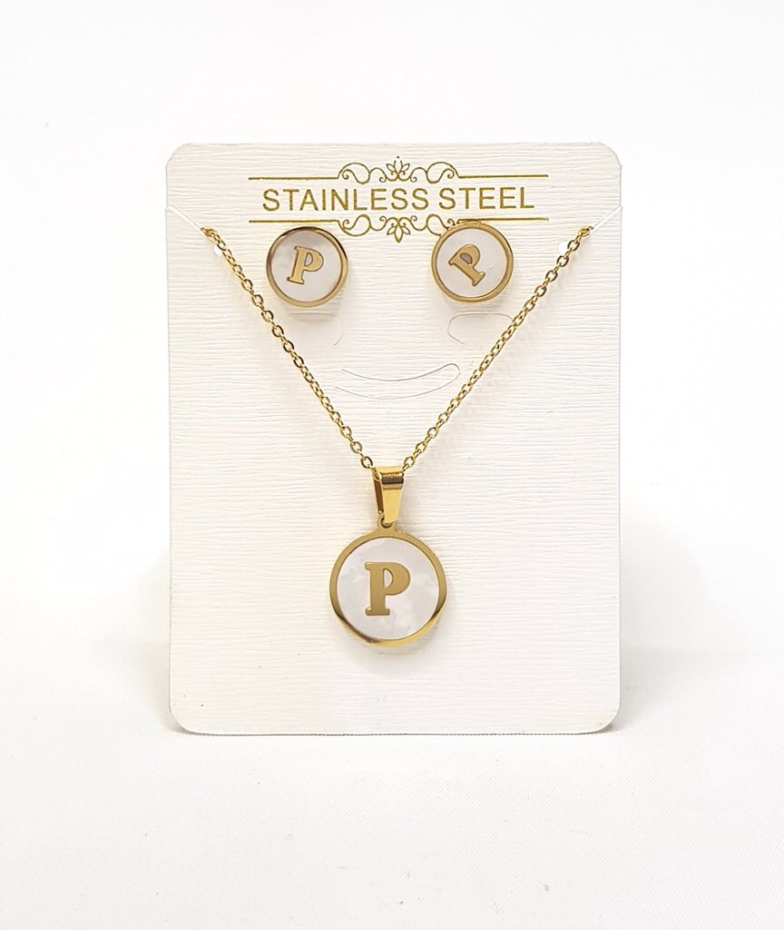 Initial Letter Necklace and Earring P Set