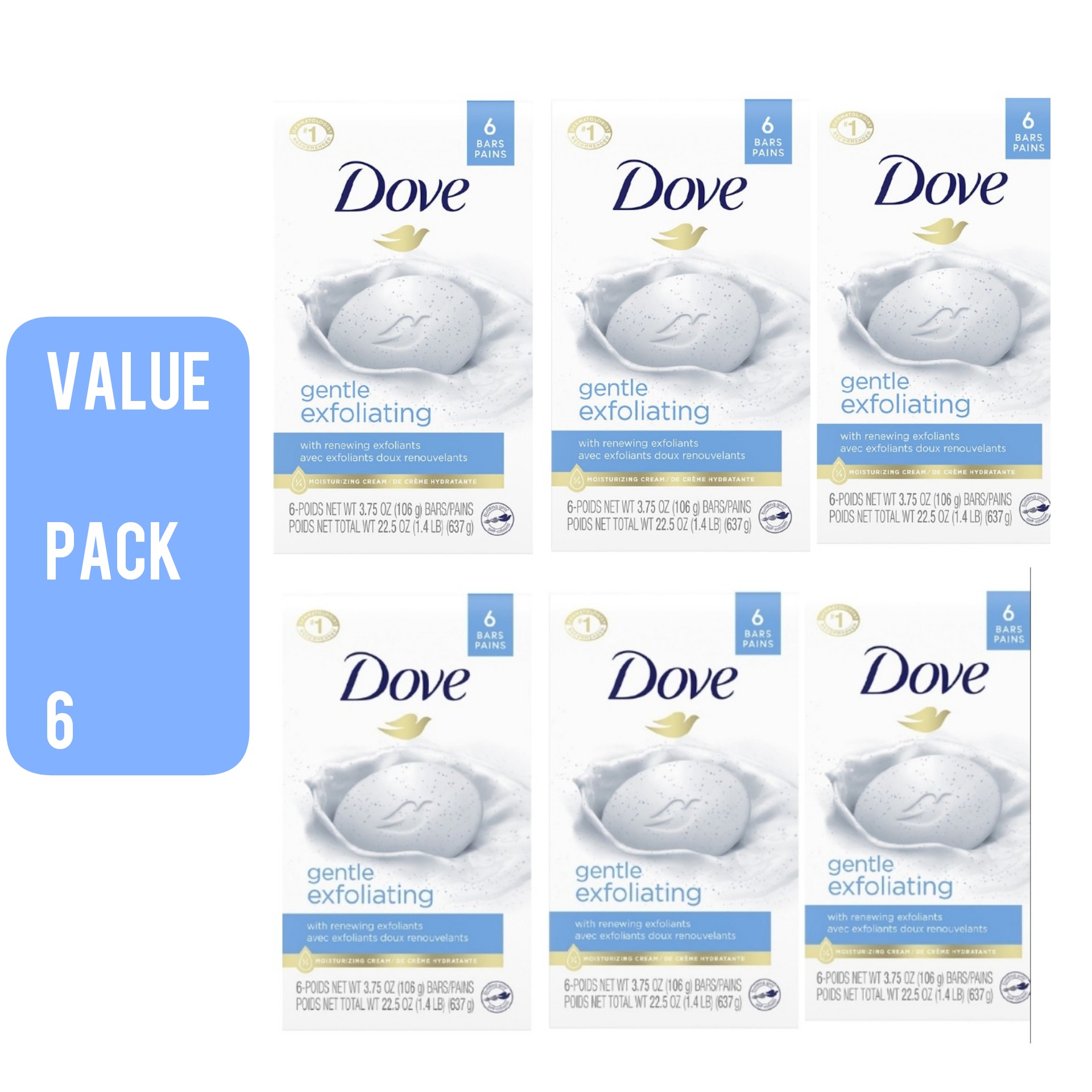 6 Pcs Bundle Dove Gentle Exfoliating Beauty Bar For Renewed Skin (6X106g)  (CARGO)