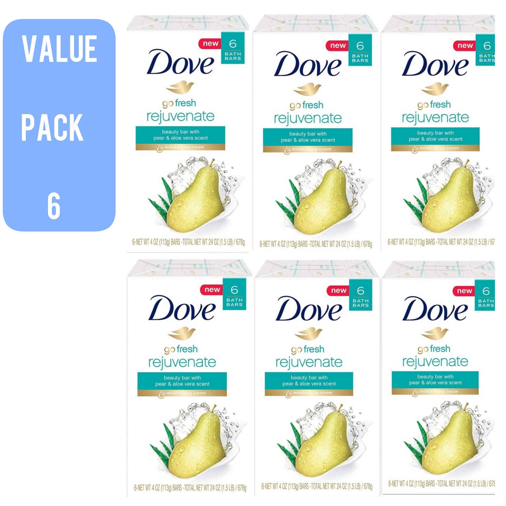 6 Pcs Bundle Dove Go Fresh Rejuvenate Beauty Bar with Pear & Aloe Vera Scent (6X106g) (CARGO)