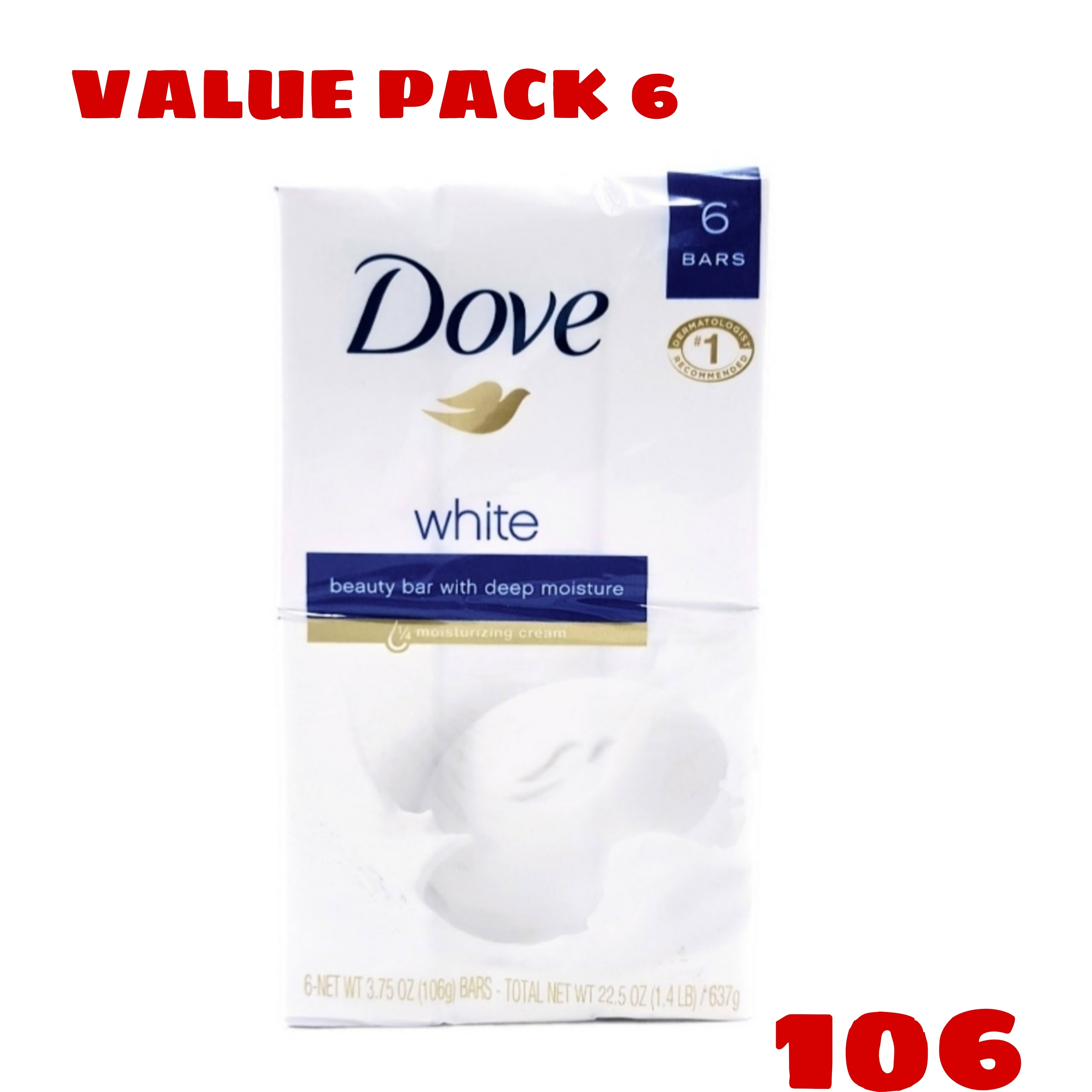 6 Pcs Bundle Dove White Beauty Bar With Deep Moisture 106 (Cargo)