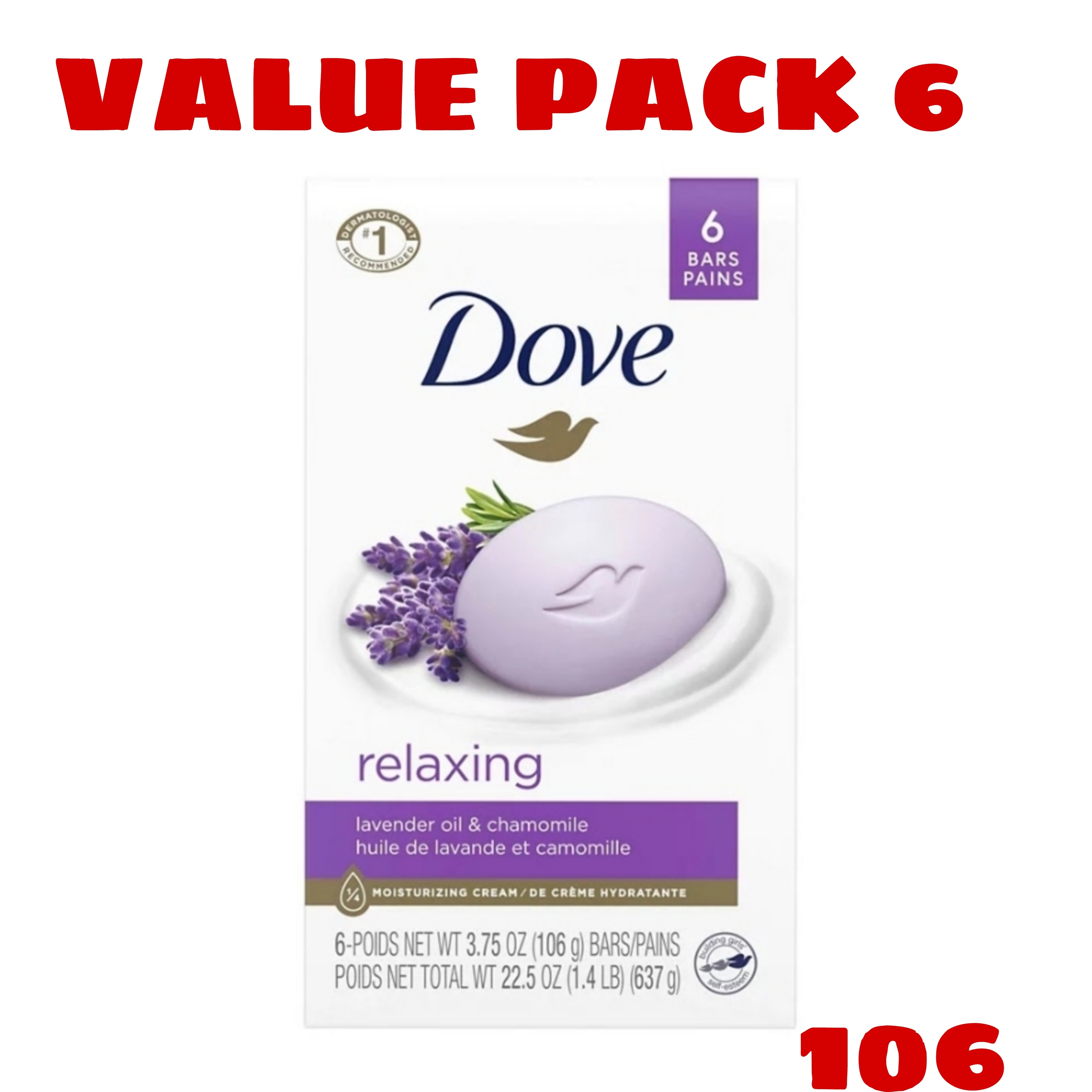 6 Pcs Bundle Dove Relaxing Lavender Beauty Bar Soap106 (Cargo)