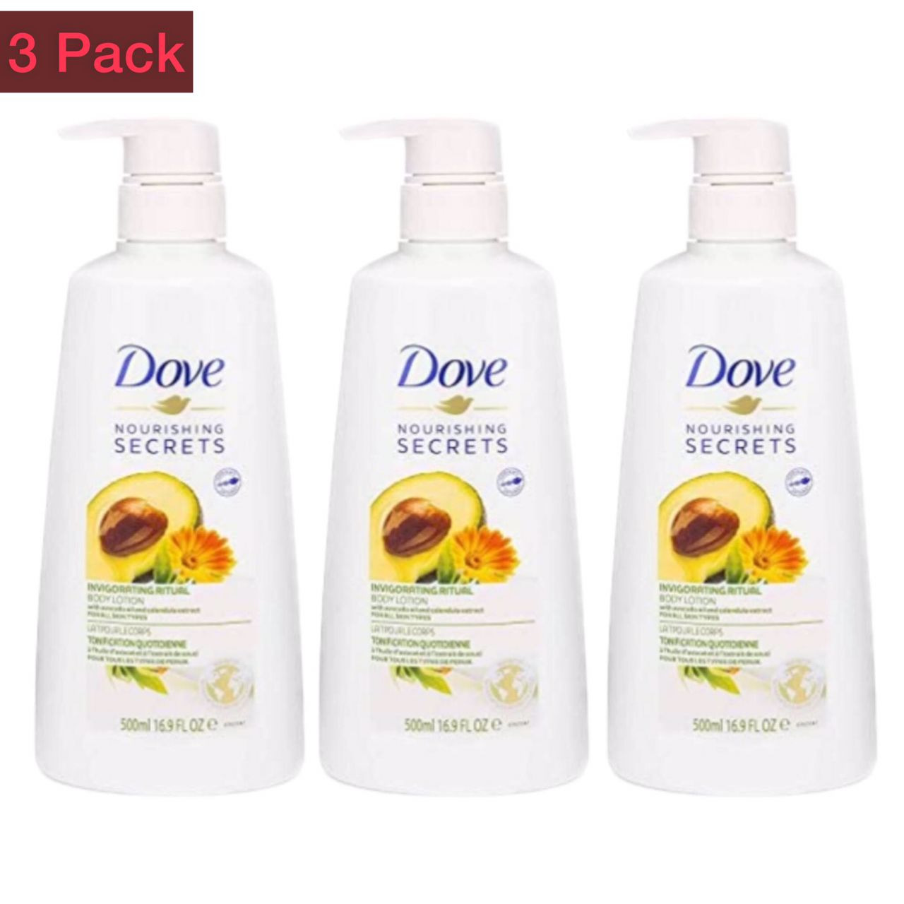 3 Pcs Bundle Dove Nourishing Secrets Invigorating Body Lotion, Dry Skin Relief for Women with Avocado Oil and Calendula Extract, 16.9 FL OZ Pump Bottle (3X500ml) (Cargo)