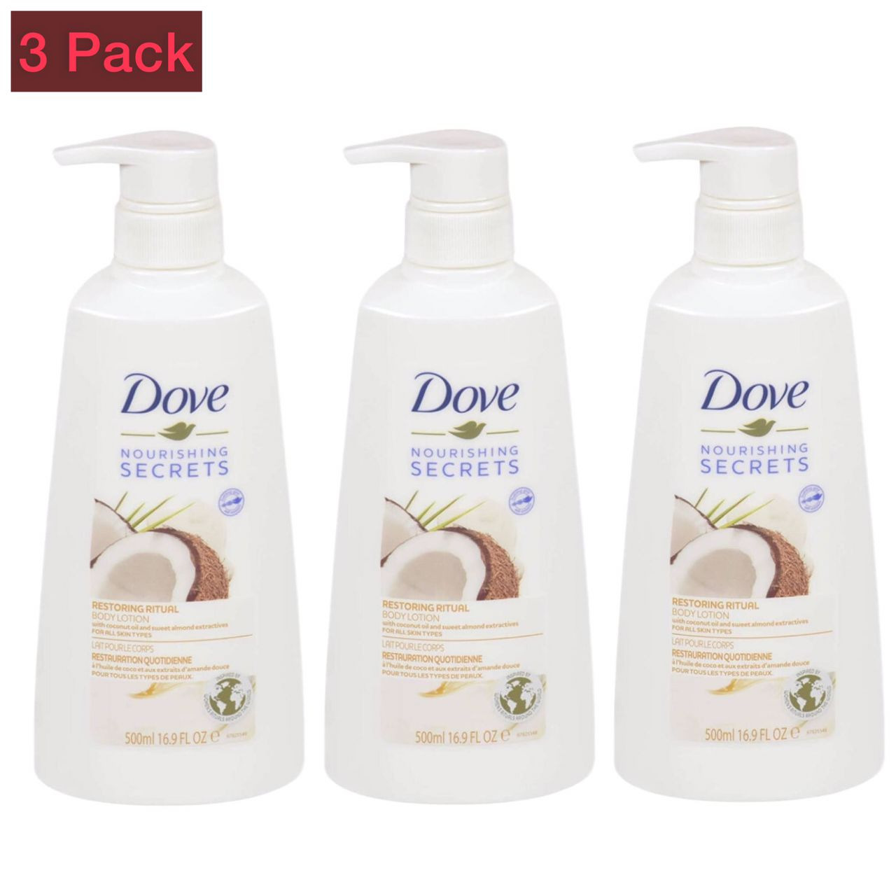 3 Pcs Bundle Dove Nourishing Secrets Restoring Body Lotion, Dry Skin Relief for Women with Coconut Oil and Sweet Almond Extracts - 16.9 FL OZ Pump Bottle (3X500ml) (Cargo)