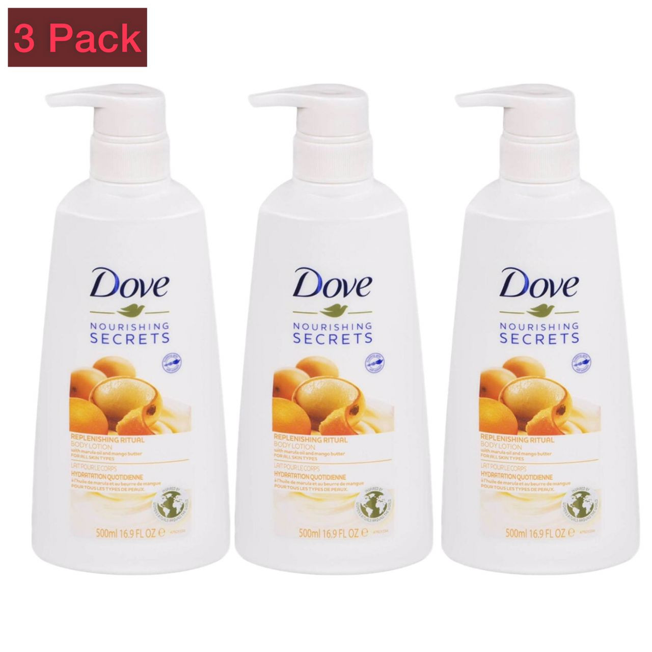 3 Pcs Bundle Dove Nourishing Secrets Replenishing Body Lotion, Dry Skin Relief for Women with Marula Oil and Mango Butter- 16.9 FL OZ Pump Bottle (3X500ml) (Cargo)