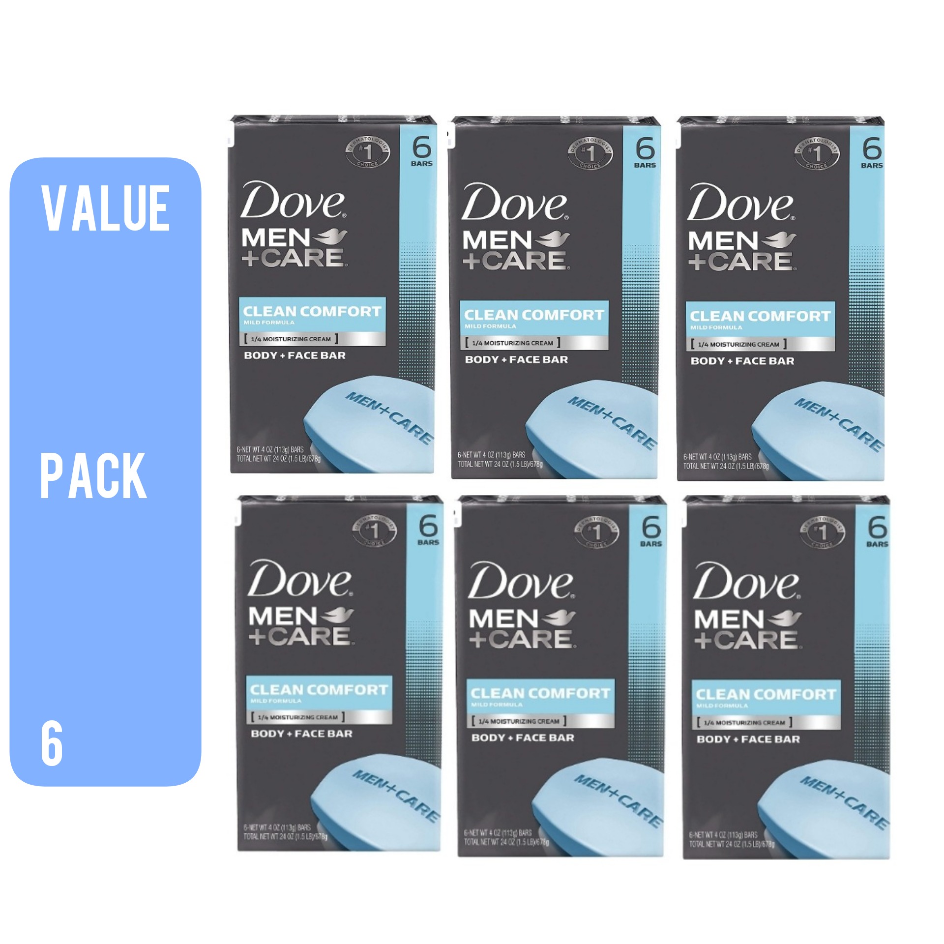 6 Pcs Bundle Dove Men+Care Clean Comfort Body and Face Bar 106 (Cargo)