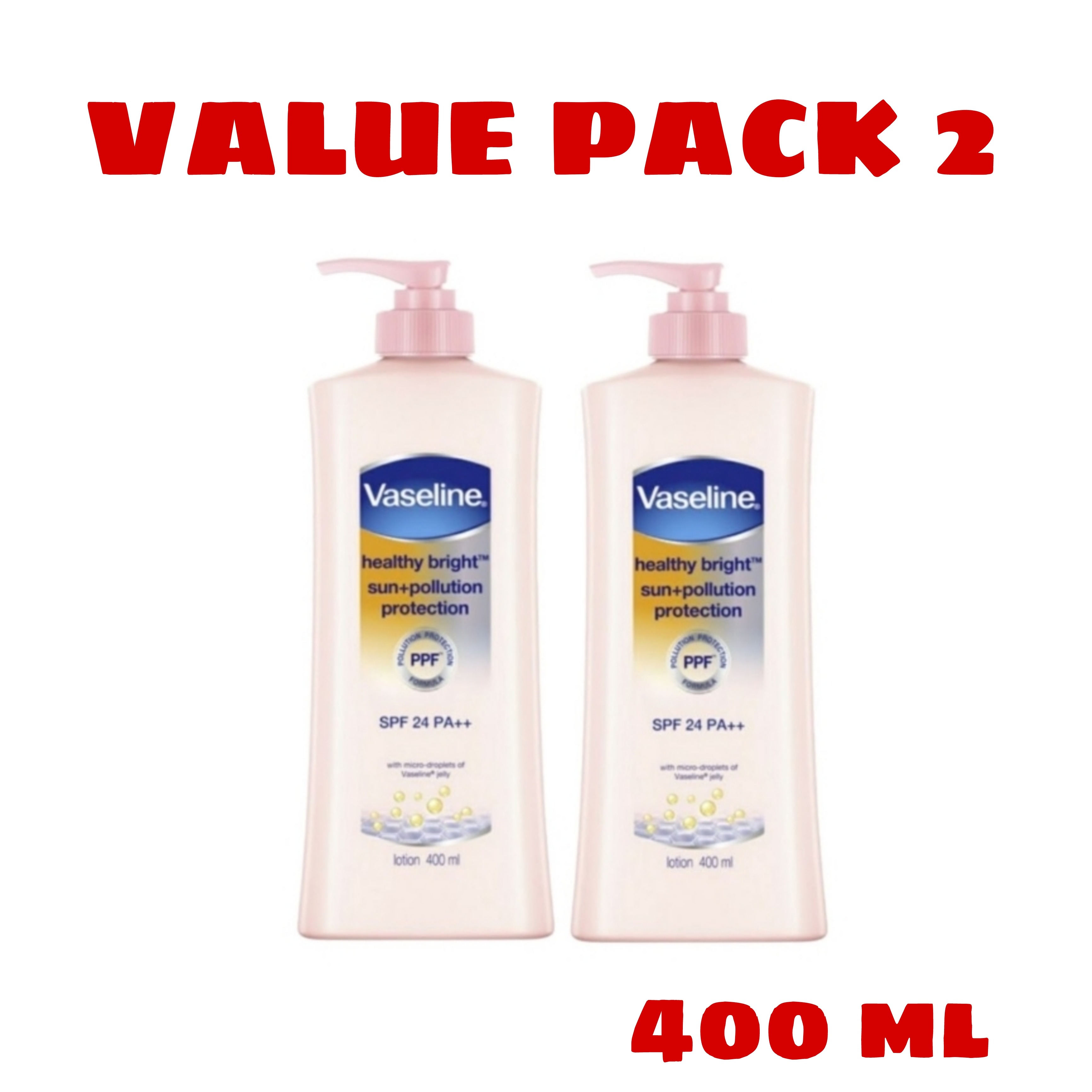 2 Pcs Bundle Vaseline Healthy Bright Sun+Pollution Protection SPF 24 PA++ Body Lotion, 400 ml (Cargo)