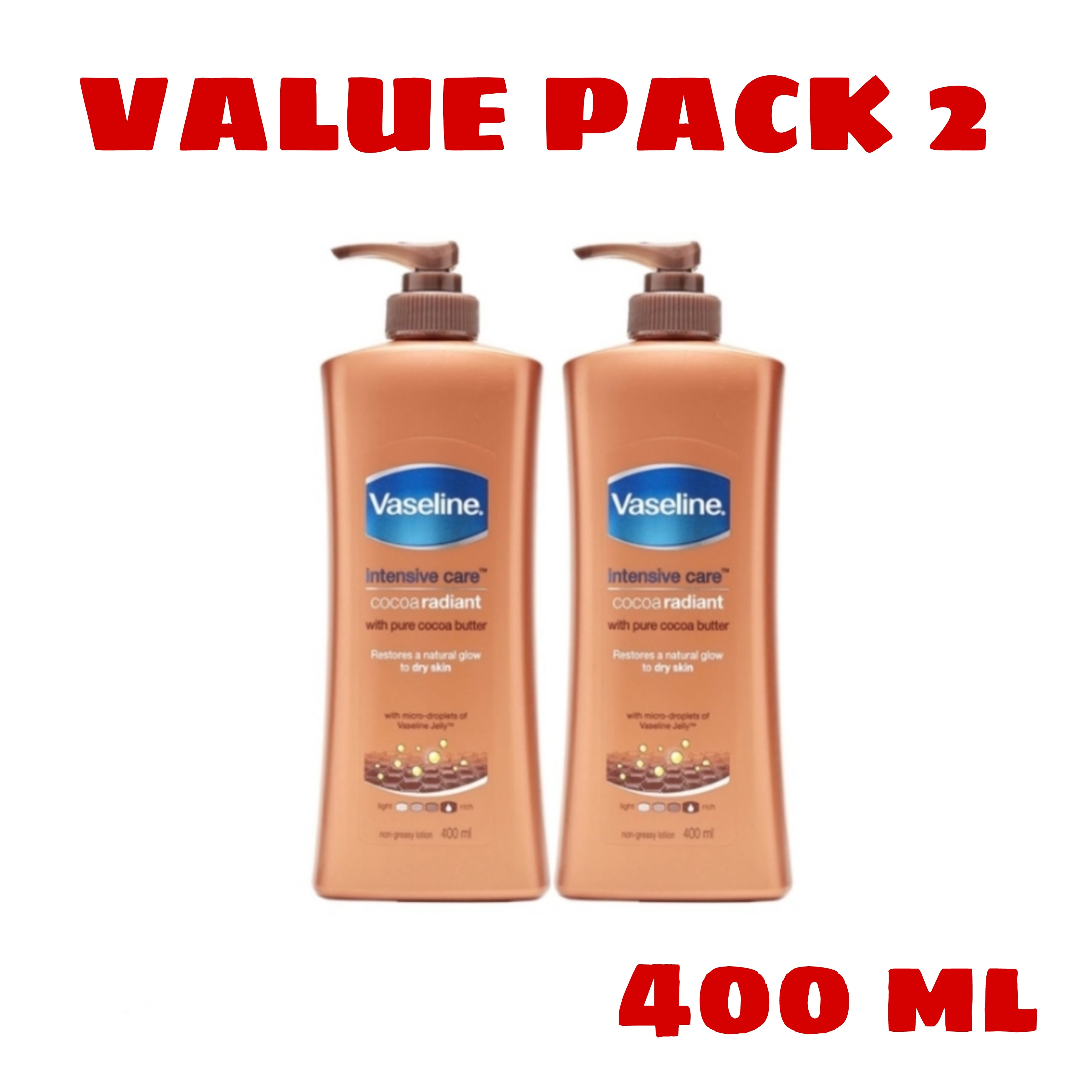 2 Pcs Bundle Vaseline Intensive Care Cocoa Radiant Body Lotion 400ml (Cargo)