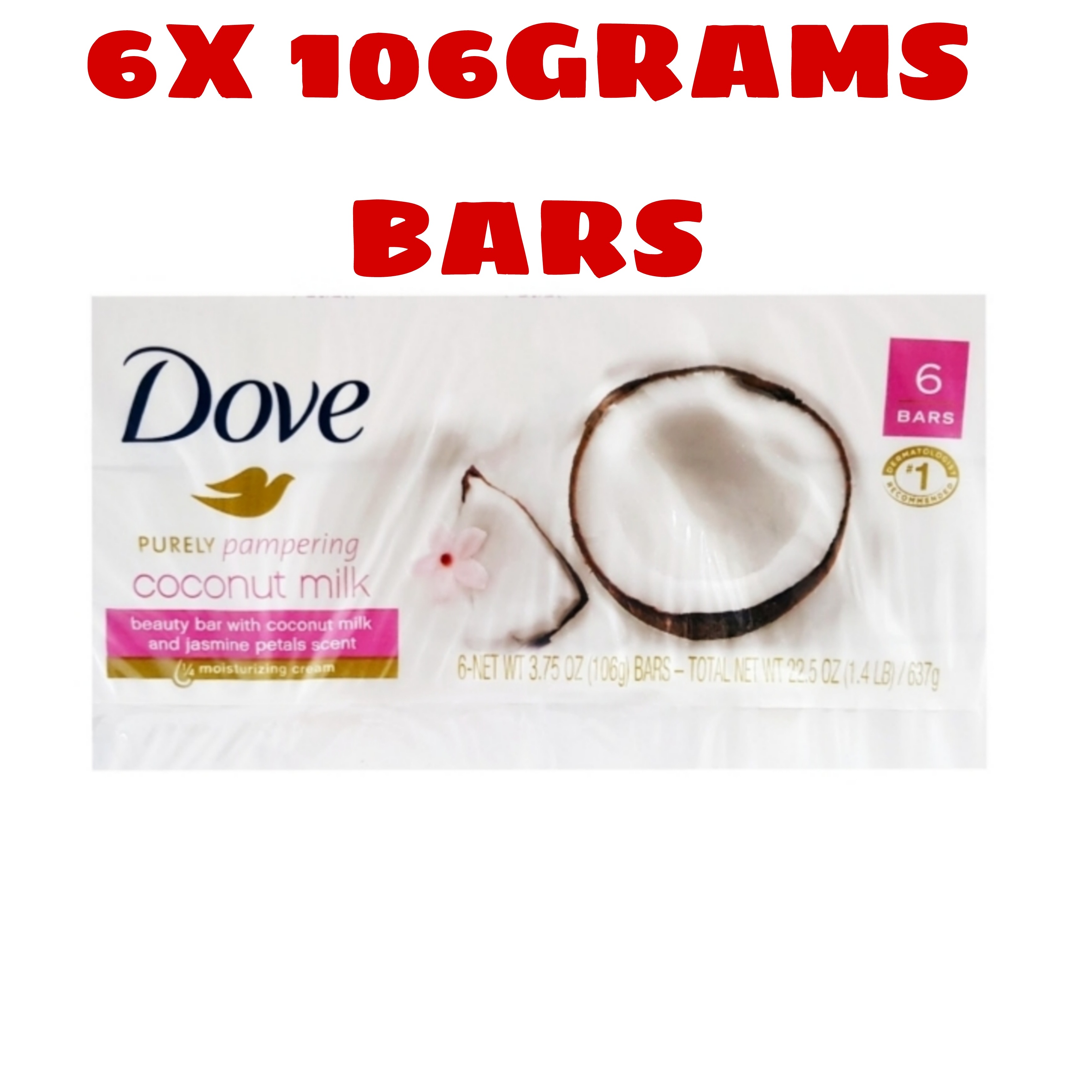 6 Pcs Bundle Dove Purely Pampering Beauty Bar, Coconut Milk, (6X106 grams Bars) (Cargo)
