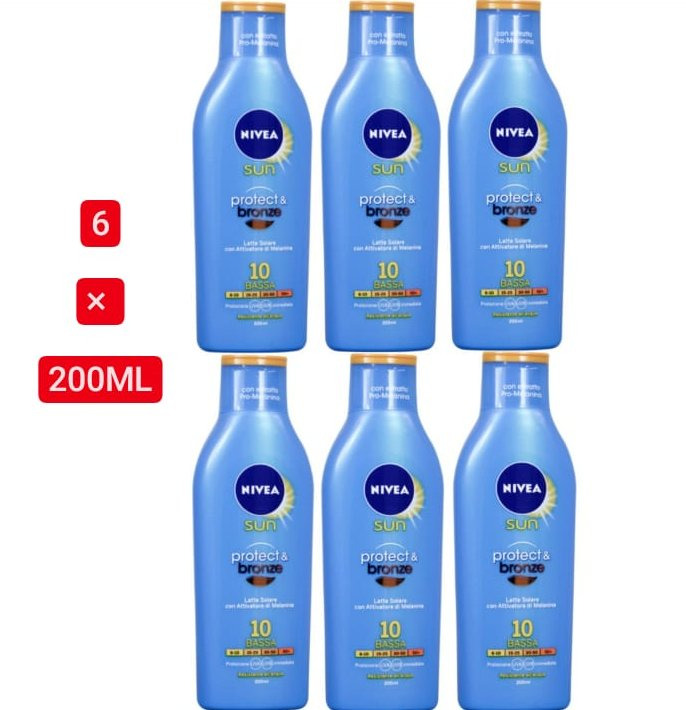 6 Pcs Bundle Nivea Sun solar milk 200 ml. Protection 10 protect & bronze (6X200ml )(Cargo)