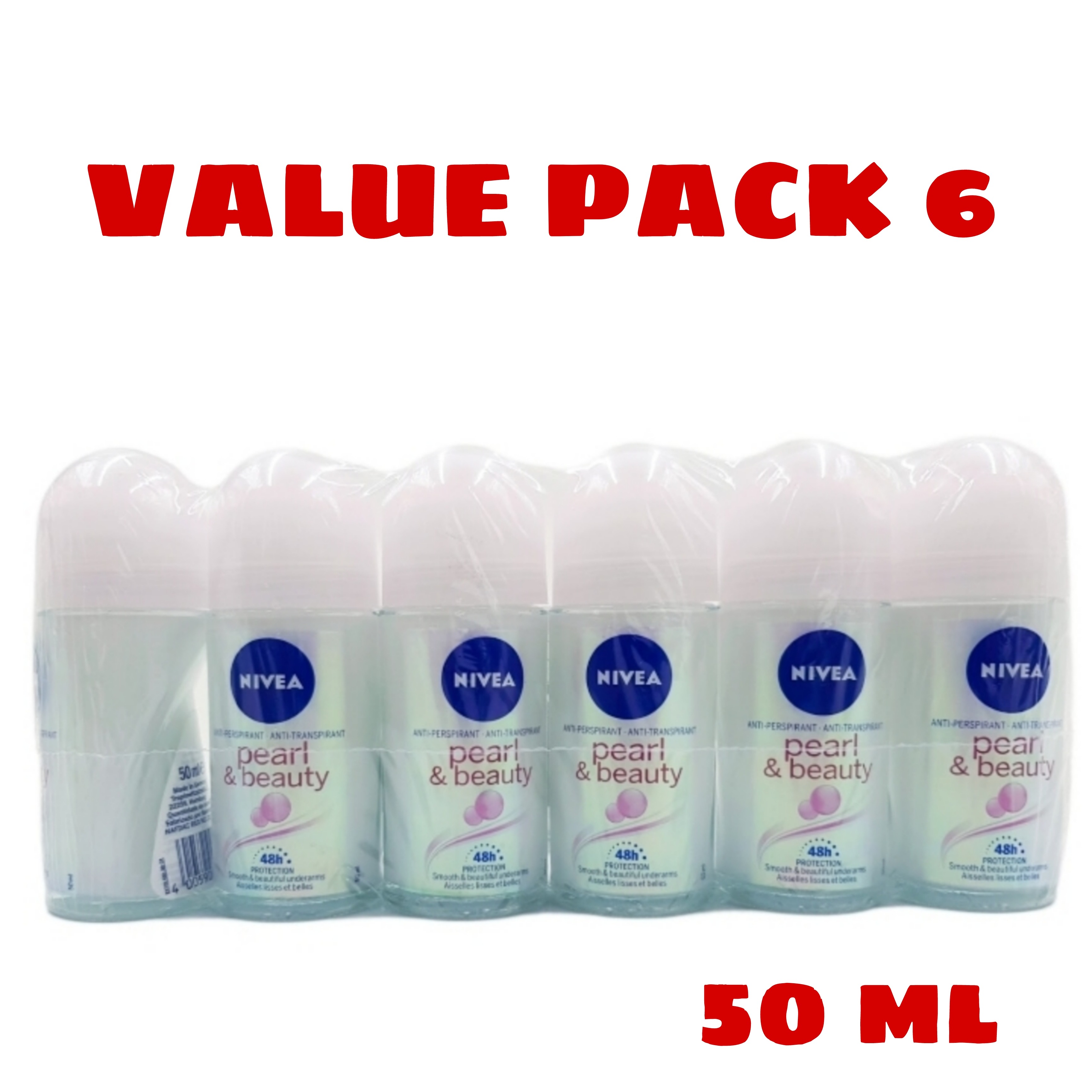6 Pcs Bundle Nivea Deo Pearl And Beauty Roll On, (6X50Ml) (Cargo)