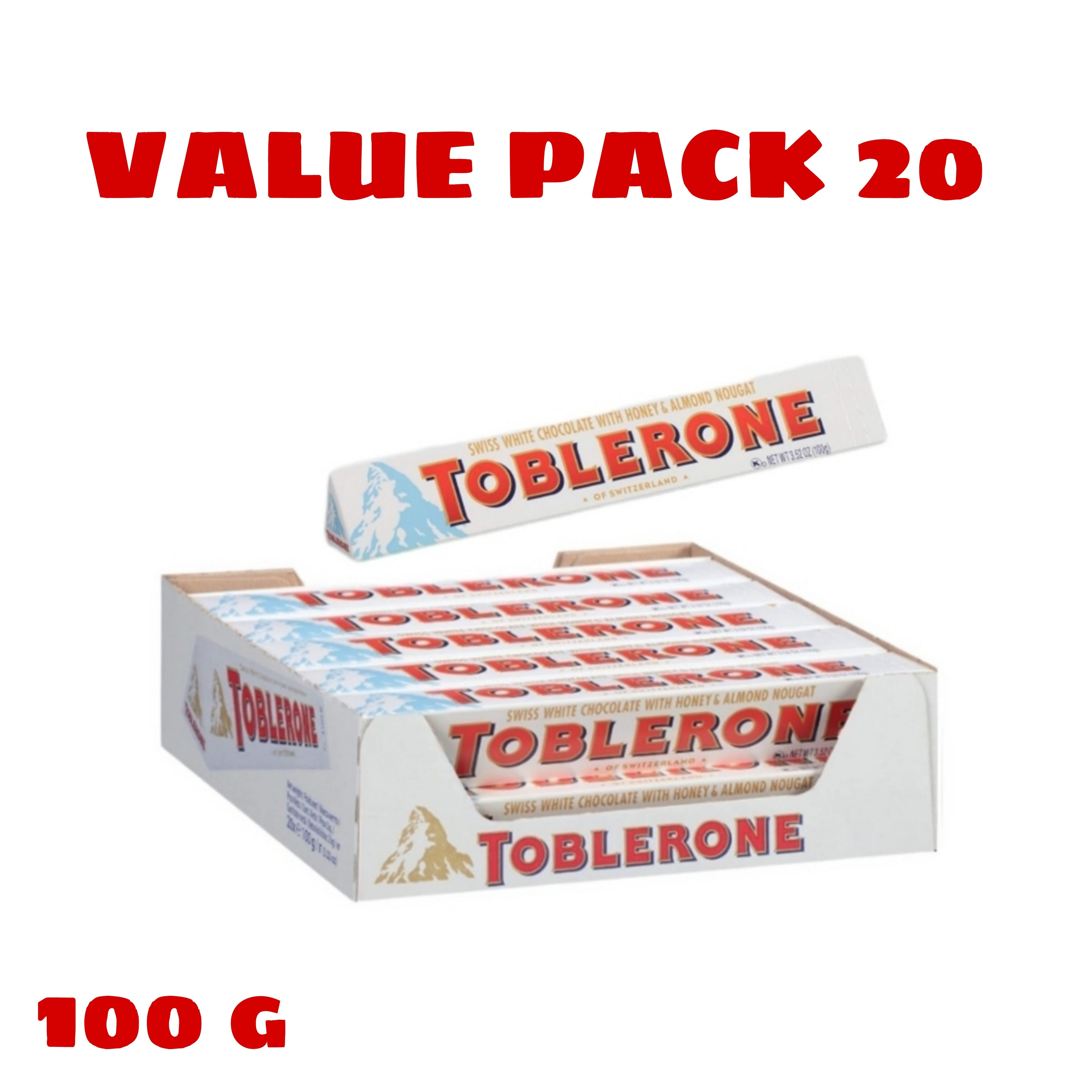 (Food) 20 Pcs Bundle Toblerone Swiss White Chocolate Bars with Honey & Almond Nougat (20X100g) (Cargo)