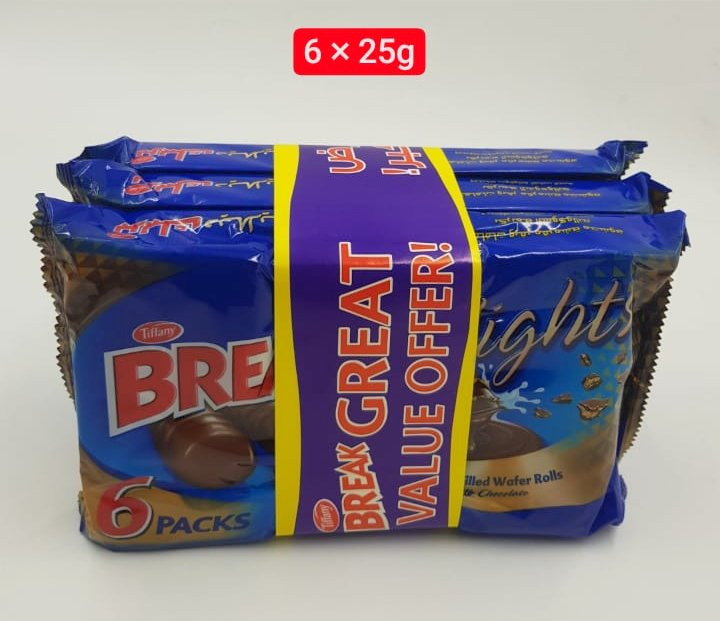 (Food) 6 Pcs Tiffany Break  Bundle Delights crunchy cream filled wafer rolls (6X25g) (Cargo)