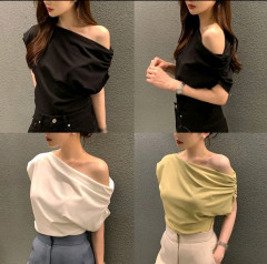 [DS] [ARRA] [99-150-0] SUMMER NEW STYLE SLANT SHOULDER DESIGN LOOSE SOLID COLOR HIGH COST PERFORMANCE WOMEN'S TRENDY