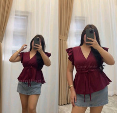 [DS][IZZA][150-250-0] RUFFLE SLEEVE COTTON CREPE SLEEVELESS V-NECK RIBBON
