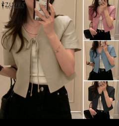 [DS][IZZA][247-180-0] ZANKEA KOREAN STYLE WOMENS BLAZER OUTFIT OL SHORT SLEEVE STAND COLLOAR LACE UP SUIT COATS