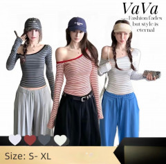 [BKK][PEG][131-150-0]TopChoice VaVa [In Stock] Women's Long Sleeve T-Shirt, Striped, Korean Style, Simple to Wear, Covers Shoulders Well...