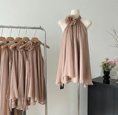 [BKK][PEG][240-150-0]Elegant Society Three-Dimensional Flower Attached Ribbon Suspended Neck Short Sleeve Hook Skirt, Angel Summer Dress Style Gentle French Shoulder Concealed Short Skirt set