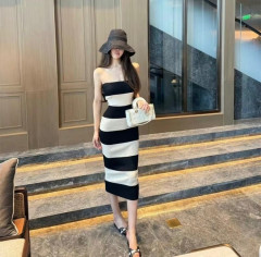 [BKK][PEG][179-200-0]TopChoice Knit Bustier Dress Good Design Vintage Block Black and White for Women Slim Fit Level