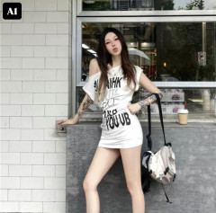 [BKK][PEG][171-100-0]Fashion Short-Sleeve Dress for Women, Elastic, with Letter Design