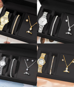 [AI13] 6PCS/SET Trendy Watch Women's Elegant Bracelet Necklace Earrings Ring Rhinestone Fashion Wristwatch Casual Ladies Steel Watches (With Box)