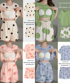 [AI23] Popular Girls Pajamas with chest pads sweet short sleeved thin cartoon large size loose ins style